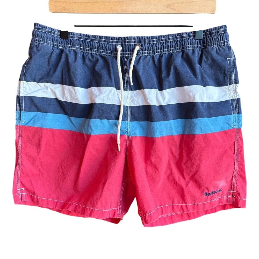 Barbour Mens Red White and Blue Nylon Color Block Swim Trunks size XL